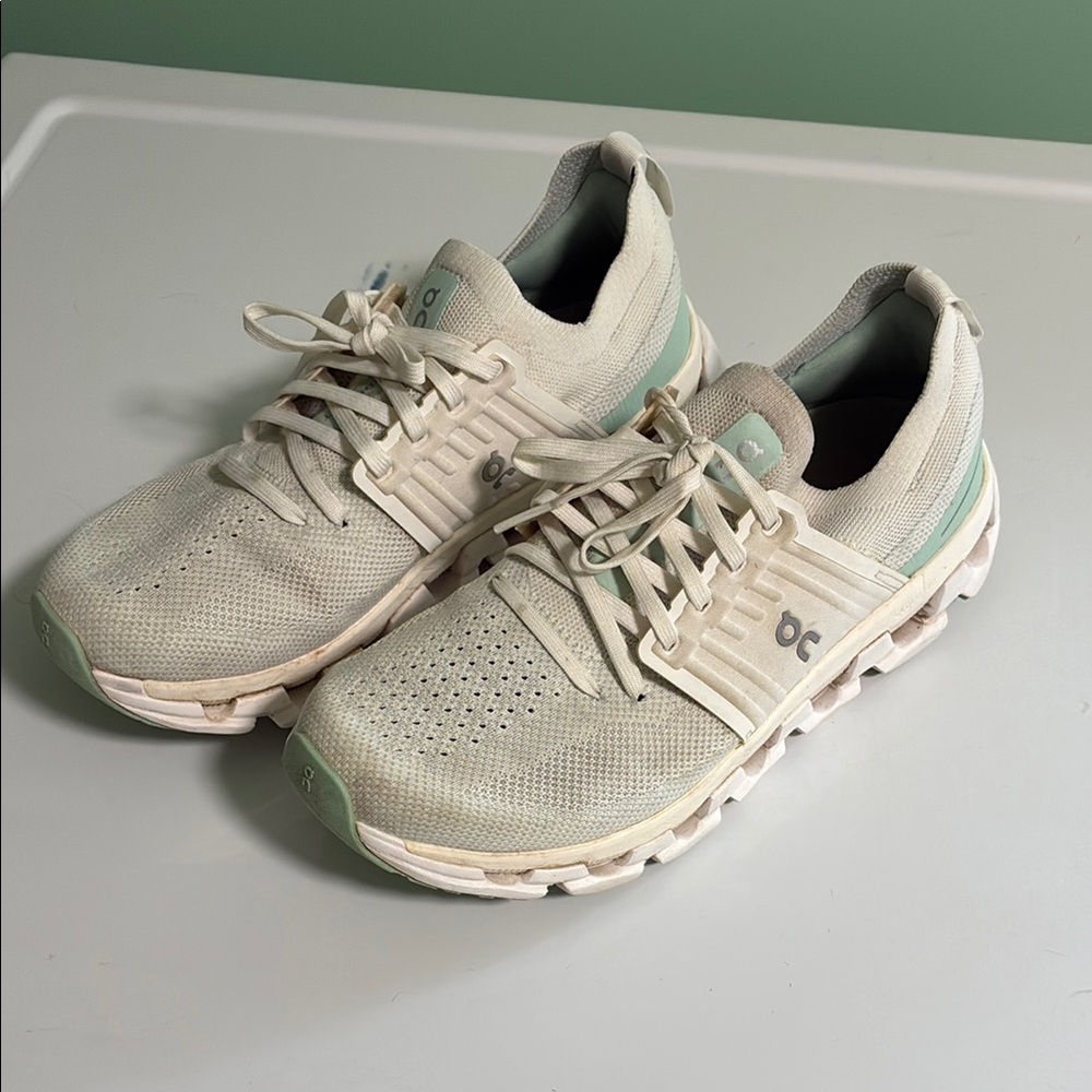 ON White and Green Sneakers with Breathable Mesh and Cushioned Sole
